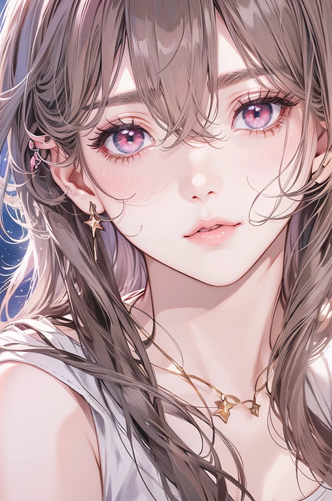 masterpiece, Highest quality, Pixiv, Cool girl, Dark pink brown hair, Curly Hair, Blunt bangs, Straight bangs, Grey Eyes, White skin,off shoulder white t-shirt、 Improve、Face close-up、Midnight starry sky background