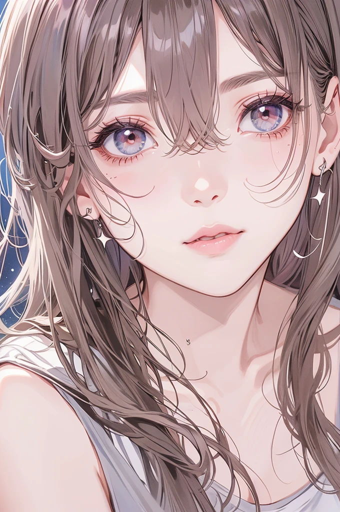 masterpiece, Highest quality, Pixiv, Cool girl, Dark pink brown hair, Curly Hair, Blunt bangs, Straight bangs, Grey Eyes, White skin,off shoulder white t-shirt、 Improve、Face close-up、Midnight starry sky background