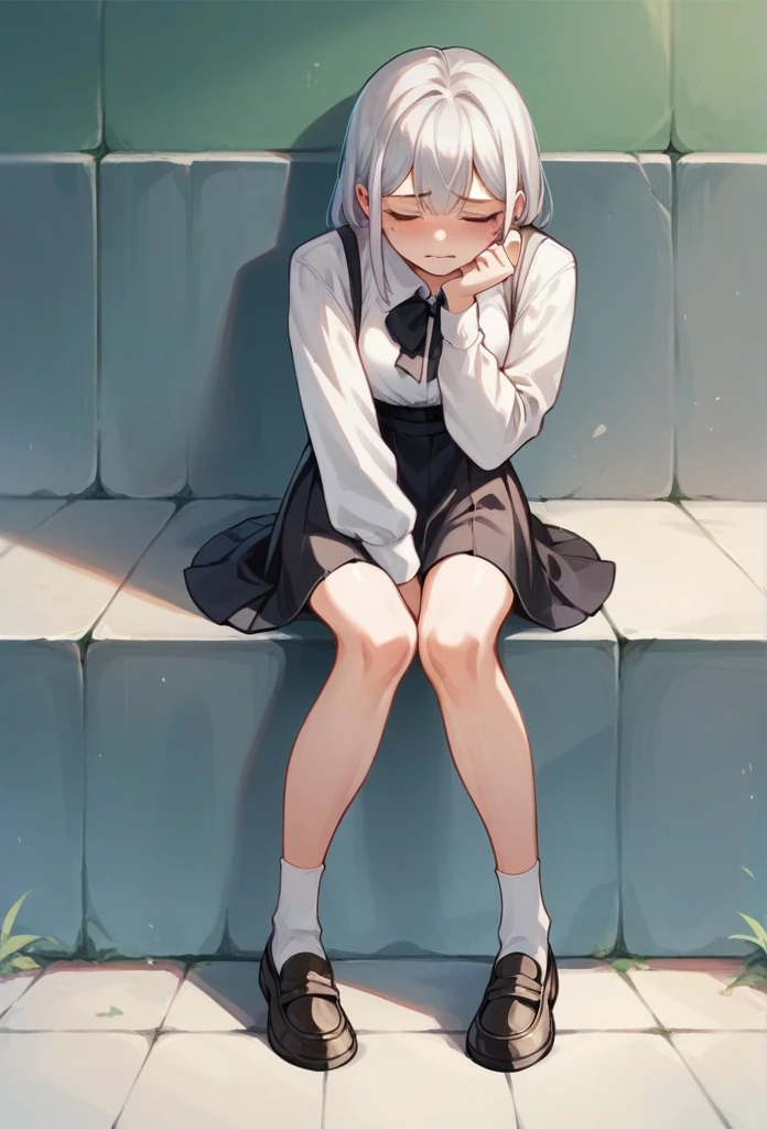 NSFW,vulgarity,Silver hair, cute girl, embarrassing, White blouse, black knee-length skirt, black loafers,
