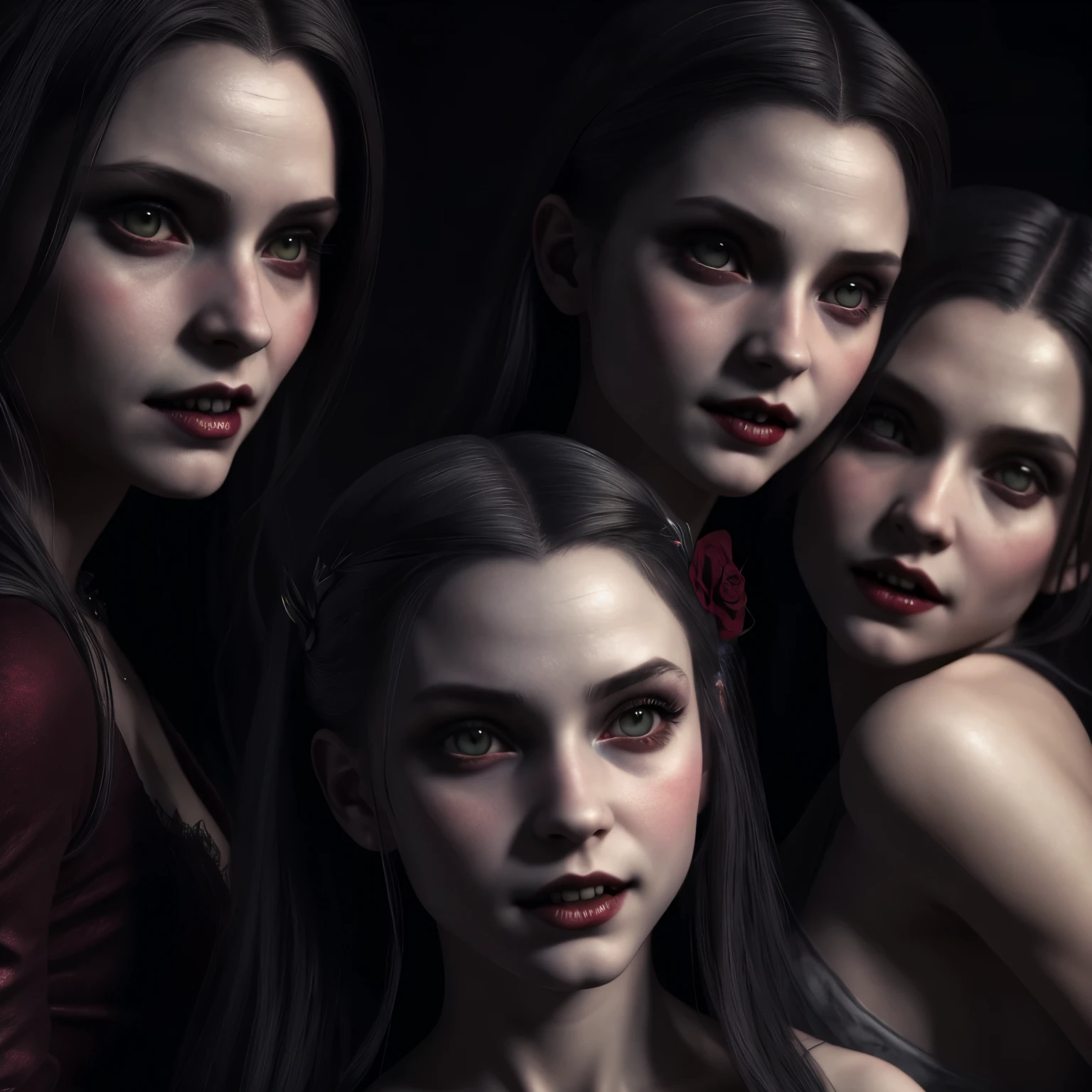 two vampire girls, portrait, illustration for an old school fairy tale, photo, photorealism, cinematic rendering, Ray tracing, highest quality, highest detail, third person view, Dim lighting, am-detail