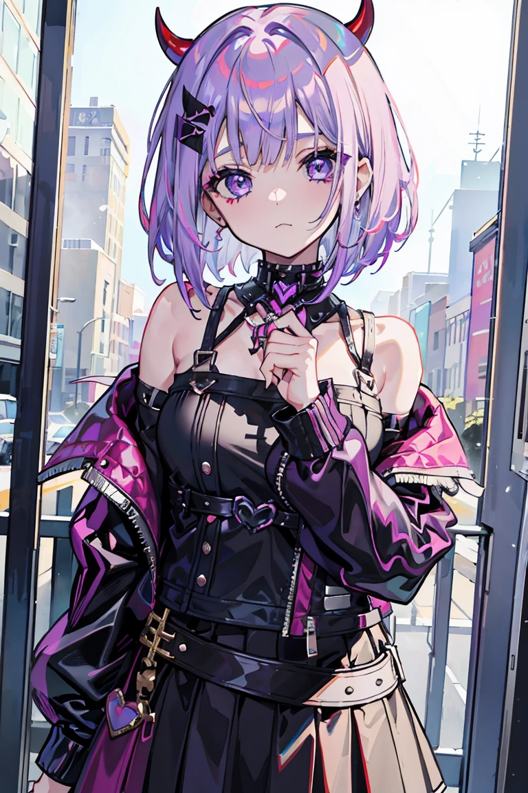 1 girl, devil, Punk Makeup, (hair ornaments), Colorful clothes, White and purple hair, Kissing Face, Semi-bob cut, Leather skirt, Gentle expression, Beautiful expression, Close your eyes,, (heart), Cold Background,18-year-old, Colorful Hair, Messy Hair, Romanticism, modern art, Impressionism, reflected light, 8k, masterpiece, Advanced Details, Highest quality,