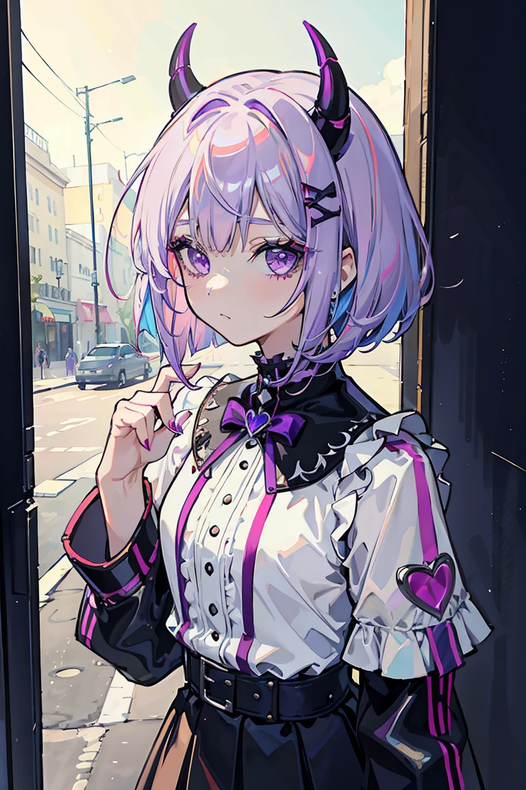 1 girl, devil, Punk Makeup, (hair ornaments), Colorful clothes, White and purple hair, Kissing Face, Semi-bob cut, Leather skirt, Gentle expression, Beautiful expression, Close your eyes,, (heart), Cold Background,18-year-old, Colorful Hair, Messy Hair, Romanticism, modern art, Impressionism, reflected light, 8k, masterpiece, Advanced Details, Highest quality,