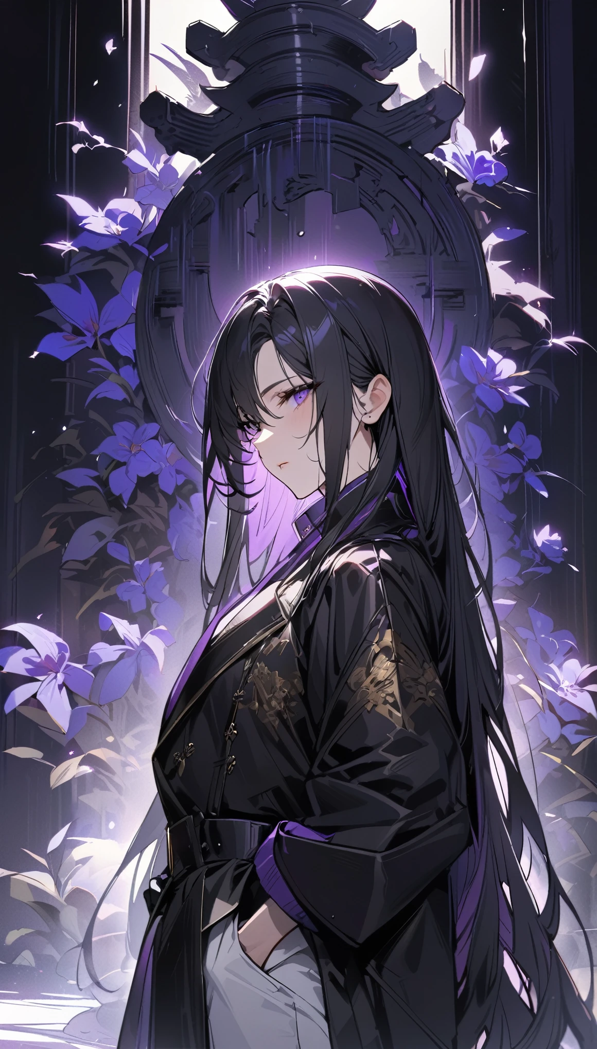 (masterpiece:1.5)，best quality，Solitary，Black Hair，(Long hair:1.5), (Purple Eyes), (Cold expression)，Perfect face，Fantasy Chinese style，Long black trench coat，Purple cloth，Complex clothing designs with Chinese elements，Black leather gloves，White lining，White suit pants，Slightly muscular body，High target，8K，Beautiful contrast of light and shadow，Purple flowers，Dark luxury background，(Complete upper body)，Positive appearance，Handsome girl