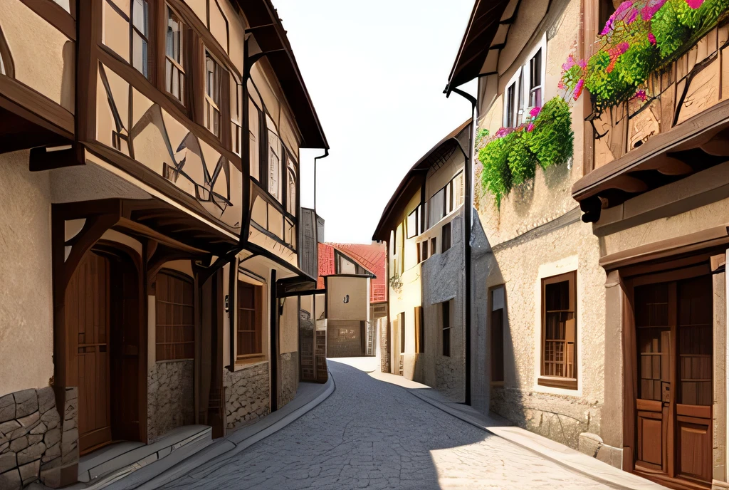 A medieval townscape,Art Concept,design,3human villager、