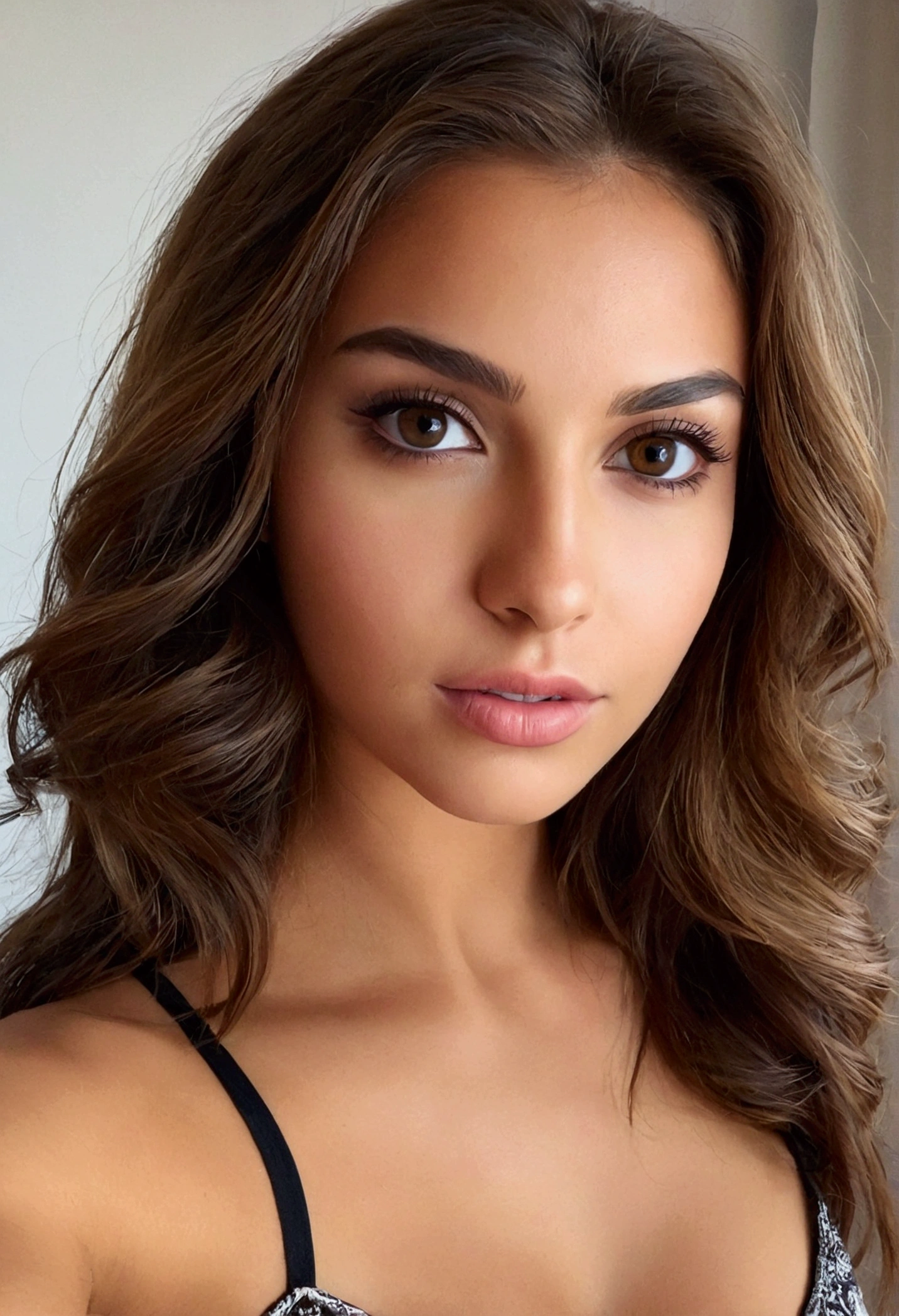 arafed femme pleinement , fille sexy aux yeux marrons, Ultra réaliste, minutieusement détaillé, latina , cheveux bruns, selfie d'une jeune femme, yeux de la chambre,, sans maquillage, maquillage naturel, regarder directement la caméra, visage avec artgram, maquillage subtil, superbe photo de tout le corps à genoux sur le lit, dans la chambre, buste de taille moyenne à grande, bien formé