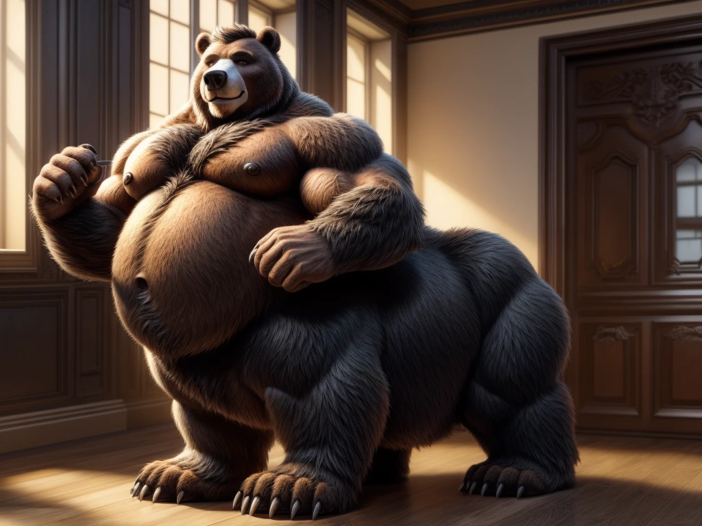 furry, fur taur, huge bear, beartaur, middle-age, solo,1man, detailed face, bear ears, bear eyes(green), bear nose(black), bear mouth, garibaldi beard(grey), hair, mature hair(grey), detailed arm, thick arm, forearm hair, muscular, thick hands(5 fingers), thick claws, detailed body belly, thick body, brown skin, muscle belly(white), thick chest, chest hair(white), nipples, detailed taur body, thick taur body, waist hair, thick bear paws, bear paws hair, thick bear claws, thick bear tail, bear tail, full body shot, standing in Paris