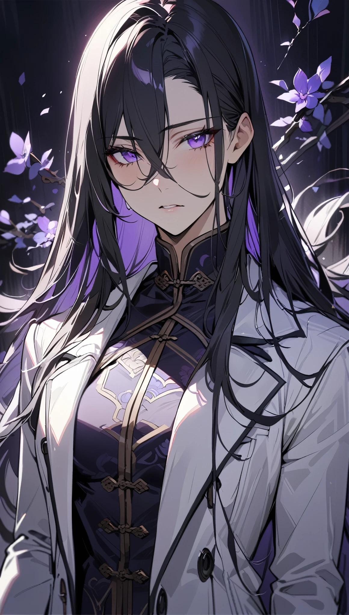 (masterpiece:1.5)，best quality，Solitary，Black Hair，(Long hair:1.5), (Purple Eyes), (Cold expression)，Perfect face，Fantasy Chinese style，Long black trench coat，Purple cloth，Complex clothing designs with Chinese elements，Black leather gloves，White lining，White suit pants，Slightly muscular body，High target，8K，Beautiful contrast of light and shadow，Purple flowers，Dark luxury background，(Complete upper body)，Positive appearance，Handsome girl