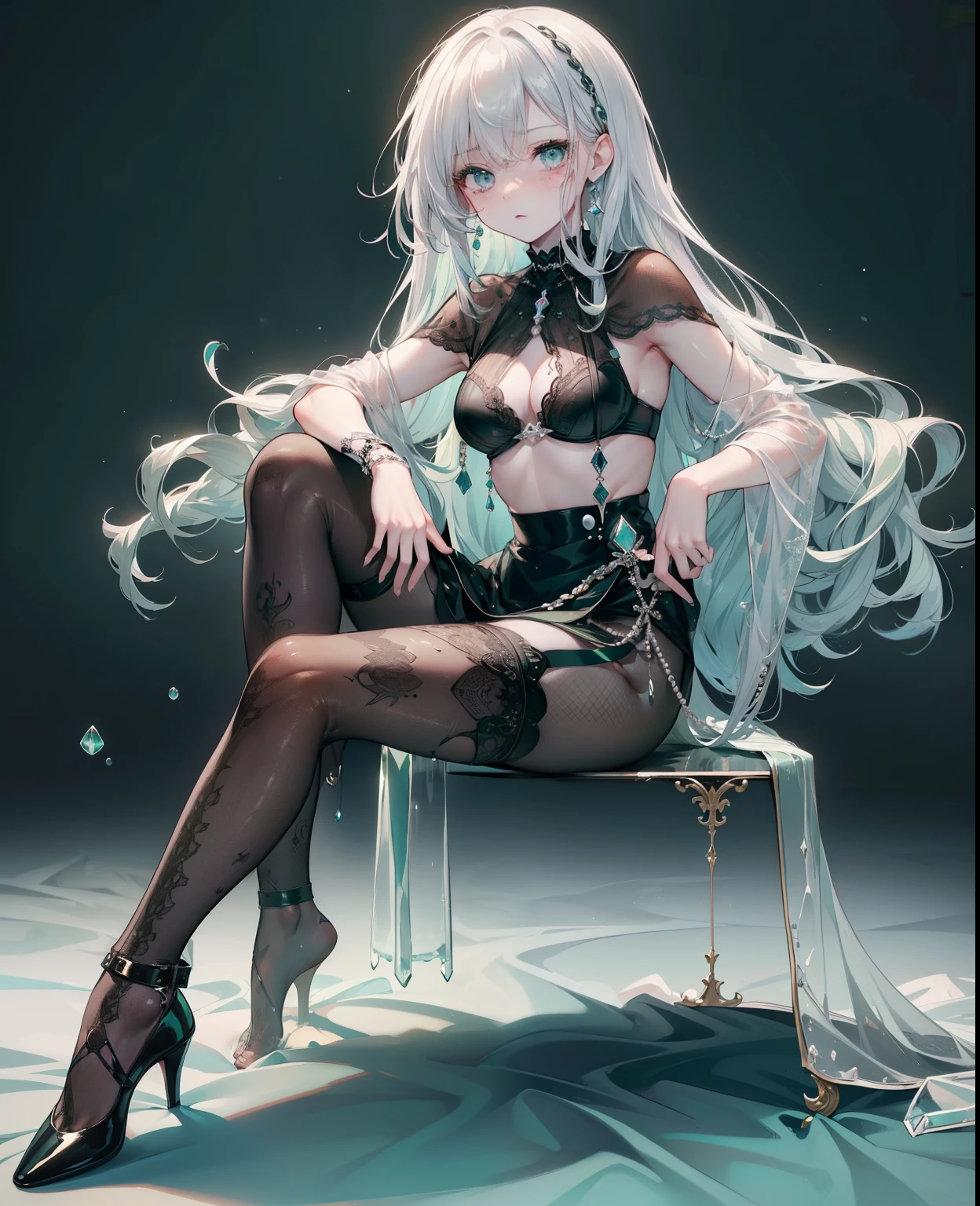 ((dark fantasy)), ((wavy hair, silver hair color, pale skin),(((green aquamarine eyes))), freckles, warm light,( ),busty,Glamour,Gorgeous,monochromes,erotic posing,Dynamic Posing,Arrange Pose,Dramatic,Cinematic,Detailed background, Dynamic Angle,From the angle of the film,Gothic background, Dark fantastic view,Best Quality,masutepiece,8K,The ultimate detailed dark background, Top image quality、RAW photography、超A high resolution,cropped shoulders, overall look is very erotic、Shot for one person only, model shoot, Large round chest, Beautiful Eyes of Details、Very slender eyes、Beautiful eyelashes、Very slim physique, with blush cheeks,Pearl Beaded Bralet bralette of transparent glass, ((pearl glass top)), ((bra of clear glass)), (nsfw)