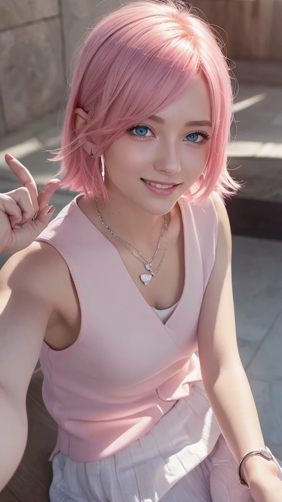 (8k high quality), (2d high quality), (high anime quality), (beautiful girl), (beautiful face), (shining short pink hair), (beautiful blue eyes), (beautiful wristwatch), (beautiful silver necklace with heart pendant), (shining smooth skin), (grinning face), (looking up), (top shot), (beautiful white school uniform)