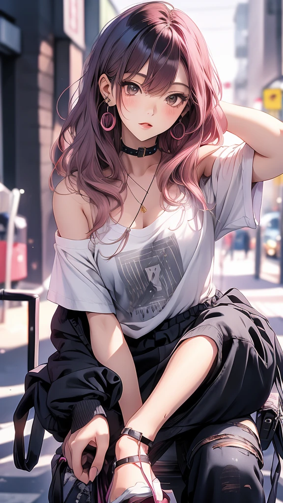 masterpiece, Highest quality, Pixiv, coolな美人, Dark pink hair, Curly Hair, Blunt bangs, Straight bangs, Grey Eyes, White skin,Off-the-shoulder plain white t-shirt、 cool、Improve、Facial super-do-up、The background is a midnight starry sky