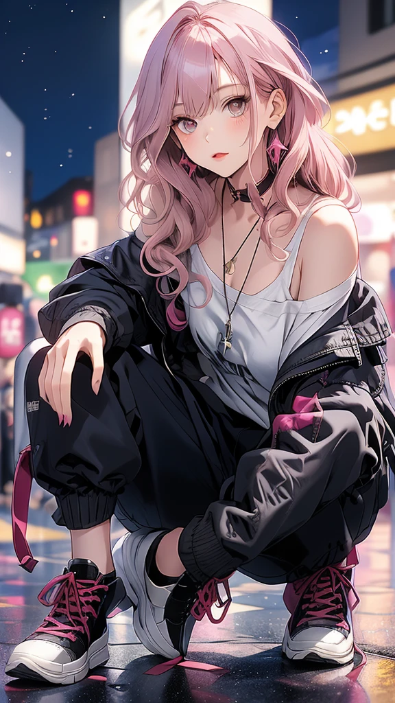 masterpiece, Highest quality, Pixiv, coolな美人, Dark pink hair, Curly Hair, Blunt bangs, Straight bangs, Grey Eyes, White skin,Off-the-shoulder plain white t-shirt、 cool、Improve、Facial super-do-up、The background is a midnight starry sky