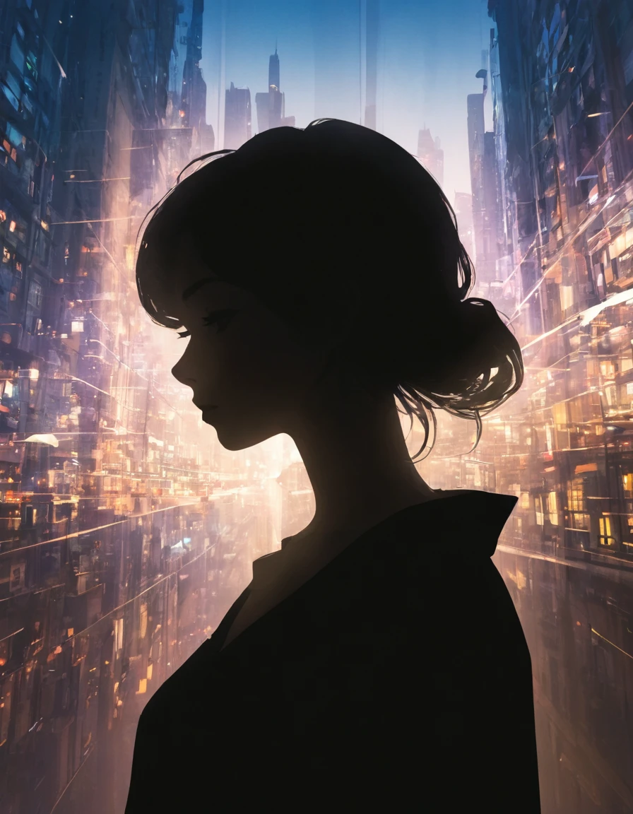 Silhouette of a girl,  metropolis,Double Exposure、