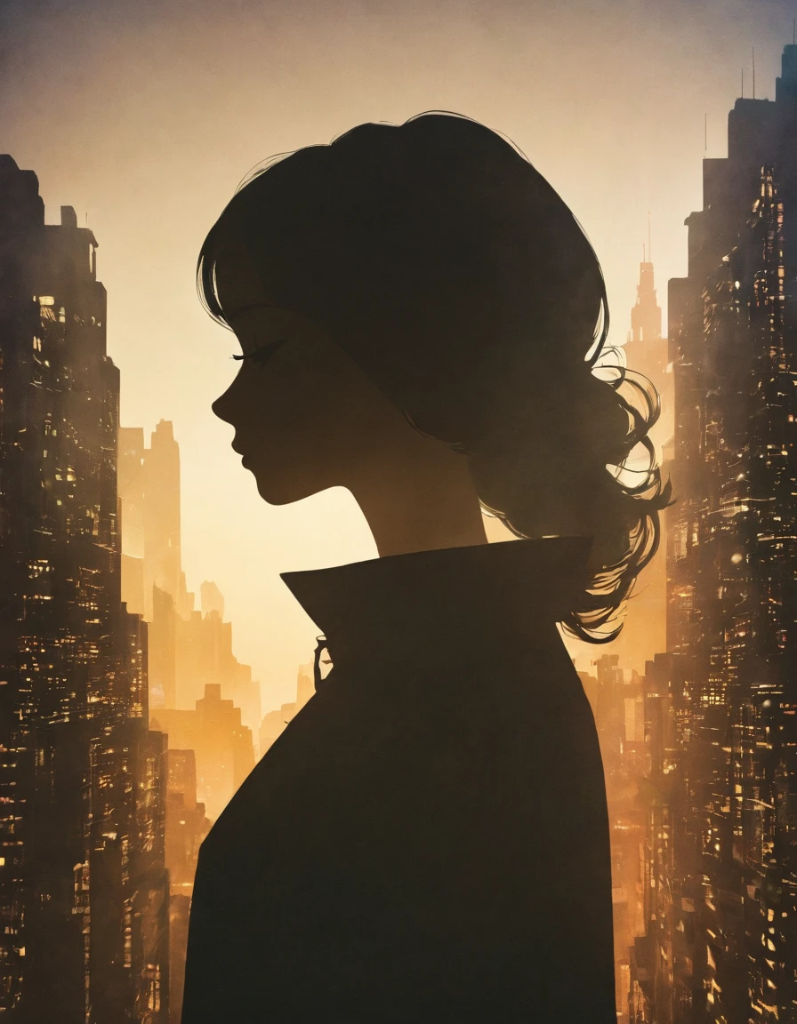 Silhouette of a girl,  metropolis,Double Exposure、