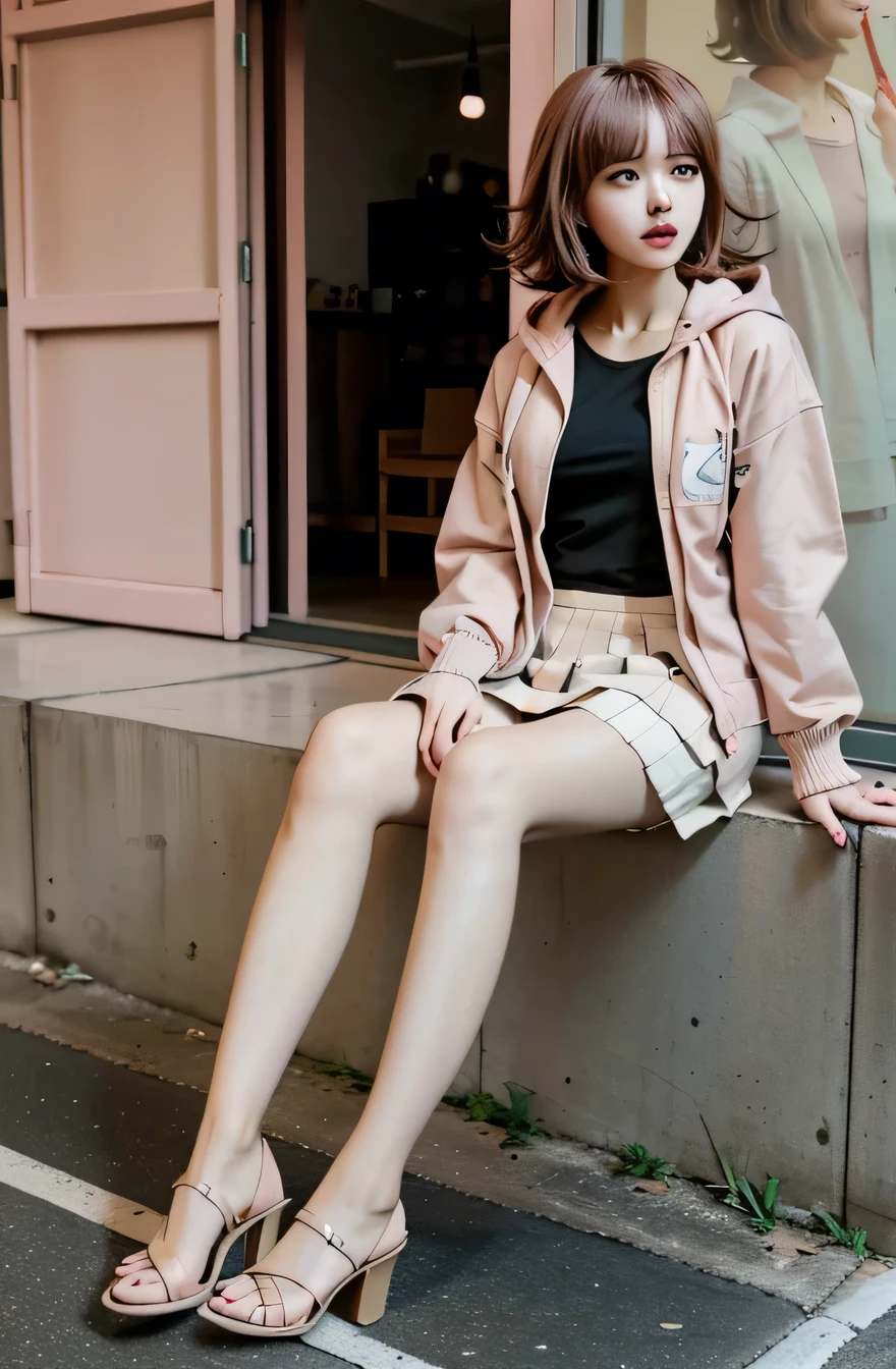 Nanami Chiaki in casual clothes at the shopping mall, Pink short hair, Pink Eyes, fringe, Teal hooded jacket, Beige Skirt, fork, Air particles, 20-year-old girl, , Olive green blouse, Cowboys, High heels, Pink handbag, Medium breast, Beige coat,Chiaki Nanami, Nanami Chiaki