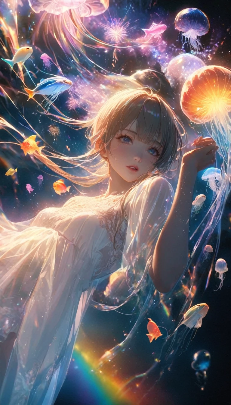 jellyfish、fish、jellyfish、Rainbow colorsのjellyfish、jellyfishたちに囲まれて、Mysterious Landscape、firework、firework大会、Rainbow colorsのfireworkが打ちあがっている瞬間、夜nullとともに、幻想的な海景色で壮大なfirework、future都市、Highest quality、masterpiece, (Diffuse reflection of light:1.2), When the fantastic rainbow turns into shadow, bathed in a mystical atmosphere.The whales are watching too, Cast magic spells. evoke a sense of wonder and awe. A fusion of natural grandeur and magic, Weaving dreams into reality. Behold, null, And the unknown, Fleeting、And an eternal moment, 16K, Ultra-high resolution.Realistic, Ultra-high resolution, to be born,future、Rainbow colorsに光り輝く、Rainbow colors、The world 30 years from now。