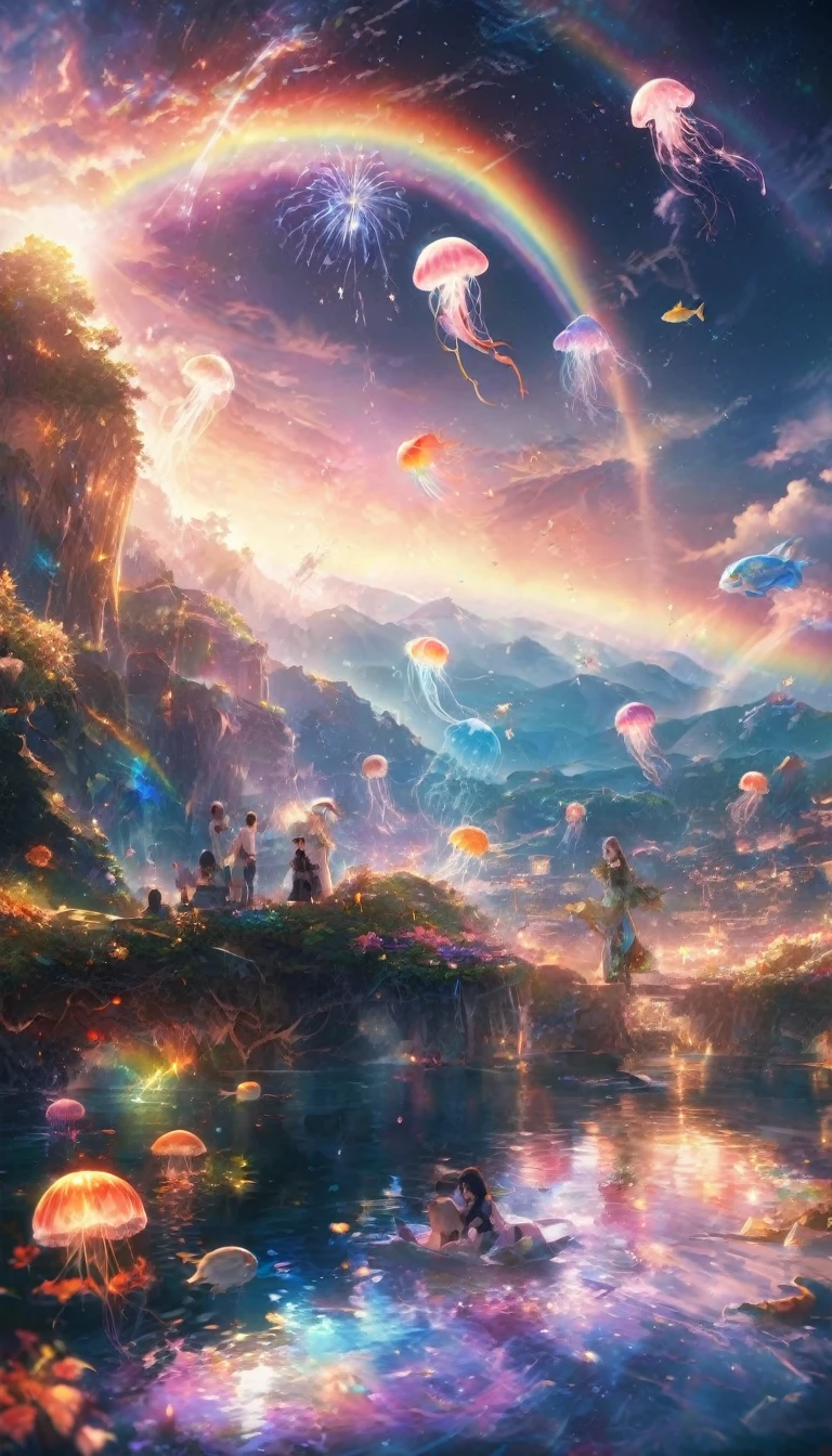 jellyfish、fish、jellyfish、Rainbow colorsのjellyfish、jellyfishたちに囲まれて、Mysterious Landscape、firework、firework大会、Rainbow colorsのfireworkが打ちあがっている瞬間、夜nullとともに、幻想的な海景色で壮大なfirework、future都市、Highest quality、masterpiece, (Diffuse reflection of light:1.2), When the fantastic rainbow turns into shadow, bathed in a mystical atmosphere.The whales are watching too, Cast magic spells. evoke a sense of wonder and awe. A fusion of natural grandeur and magic, Weaving dreams into reality. Behold, null, And the unknown, Fleeting、And an eternal moment, 16K, Ultra-high resolution.Realistic, Ultra-high resolution, to be born,future、Rainbow colorsに光り輝く、Rainbow colors、The world 30 years from now。