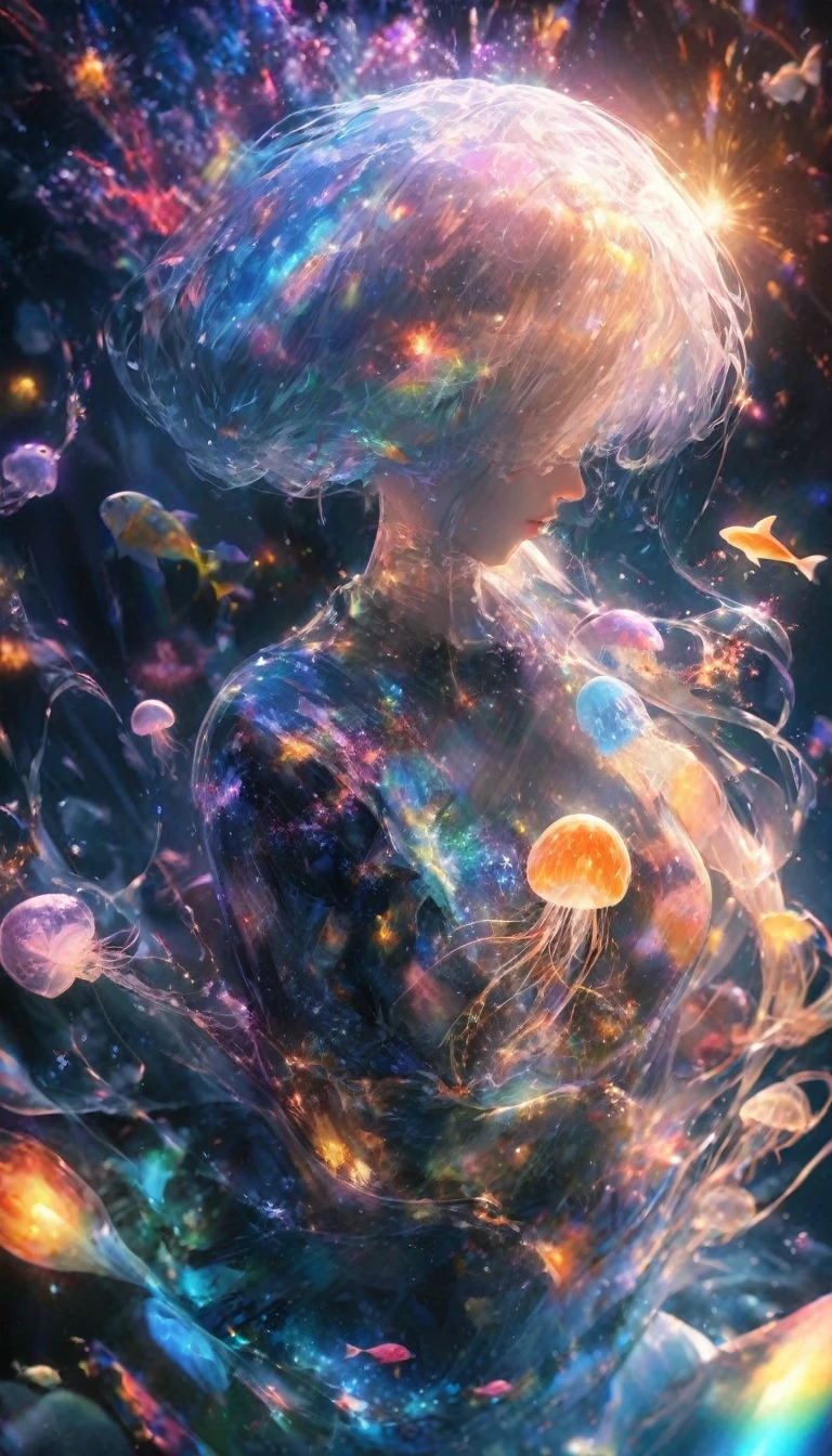 jellyfish、fish、jellyfish、Rainbow colorsのjellyfish、jellyfishたちに囲まれて、Mysterious Landscape、firework、firework大会、Rainbow colorsのfireworkが打ちあがっている瞬間、夜nullとともに、幻想的な海景色で壮大なfirework、future都市、Highest quality、masterpiece, (Diffuse reflection of light:1.2), When the fantastic rainbow turns into shadow, bathed in a mystical atmosphere.The whales are watching too, Cast magic spells. evoke a sense of wonder and awe. A fusion of natural grandeur and magic, Weaving dreams into reality. Behold, null, And the unknown, Fleeting、And an eternal moment, 16K, Ultra-high resolution.Realistic, Ultra-high resolution, to be born,future、Rainbow colorsに光り輝く、Rainbow colors、The world 30 years from now。