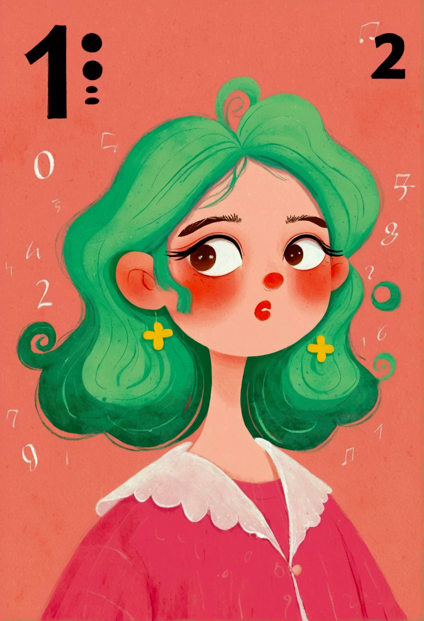 A cartoon，The woman in the painting has green hair and a pink shirt, Digital painting inspired by Pia Fries, tumblr, The art of math, Digital drawing, No gradient, Beauvot Art Style, The art of math hi, #The greatest number in history, cute cartoon, # The greatest number in history, Digital illustration style