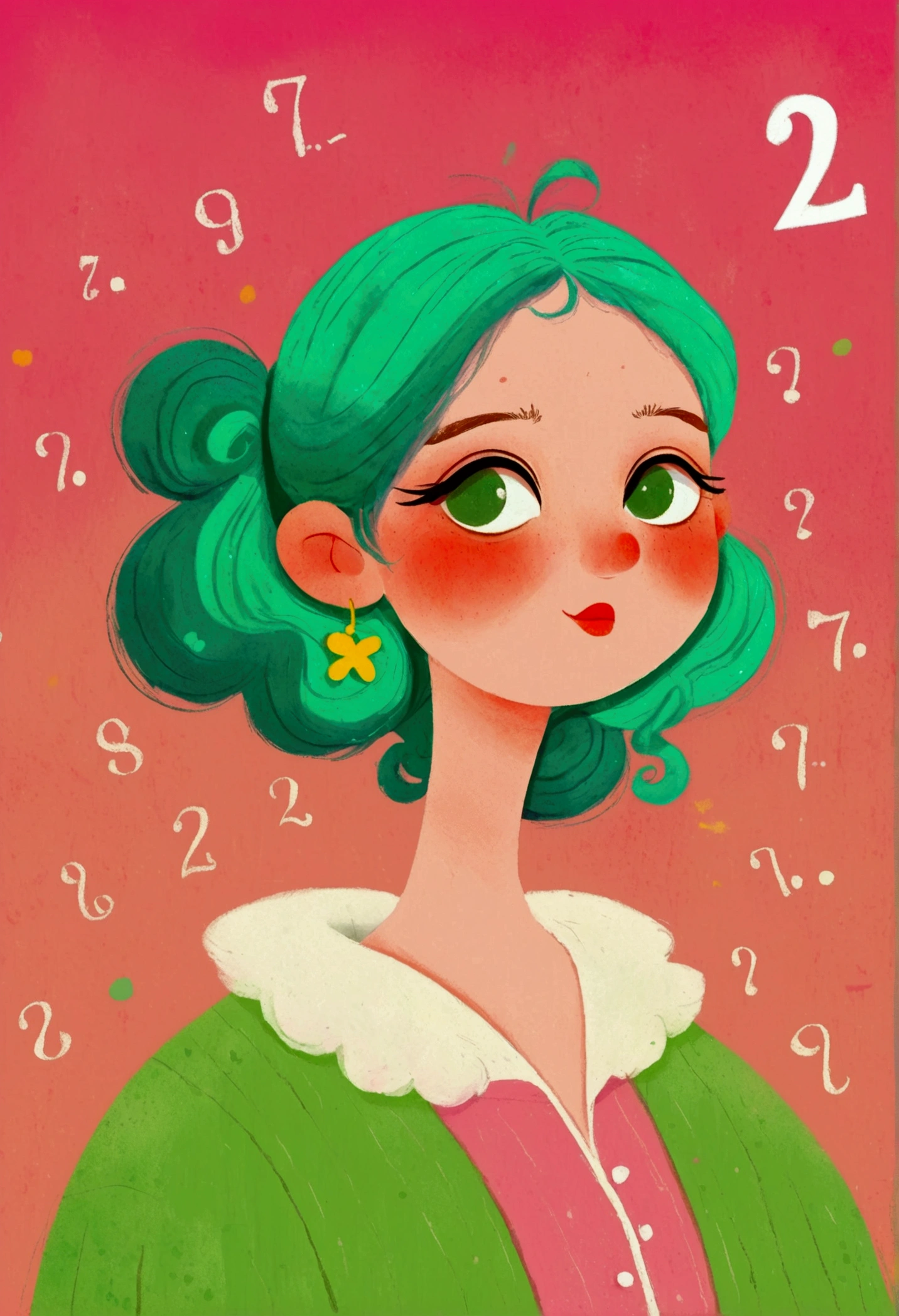 A cartoon,The woman in the painting has green hair and a pink shirt, Digital drawing, No gradient, Beauvot Art Style, The art of math hi, cute cartoon, #The greatest number in history, # The greatest number in history, Digital illustration style, The art of math!!, My character portrait, 2D Illustration