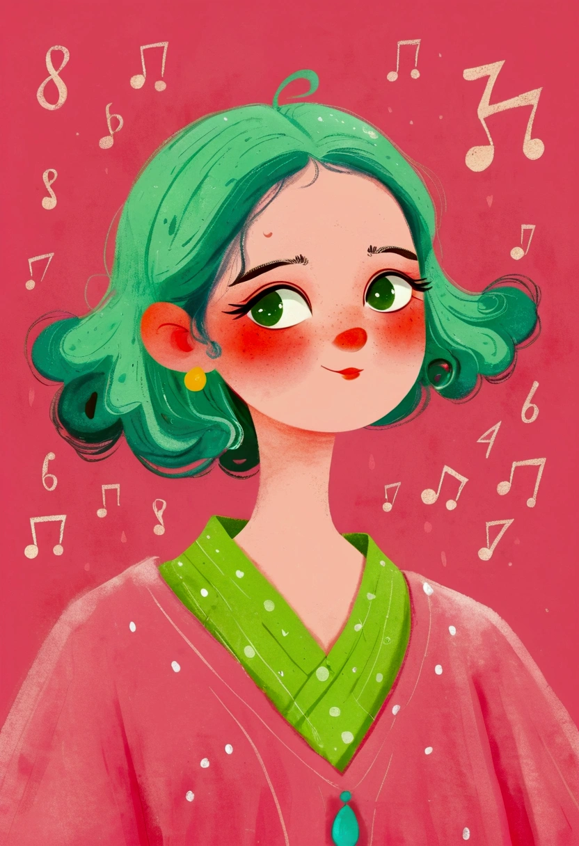 A cartoon,The woman in the painting has green hair and a pink shirt, Digital drawing, No gradient, Beauvot Art Style, The art of math hi, cute cartoon, #The greatest number in history, # The greatest number in history, Digital illustration style, The art of math!!, My character portrait, 2D Illustration
