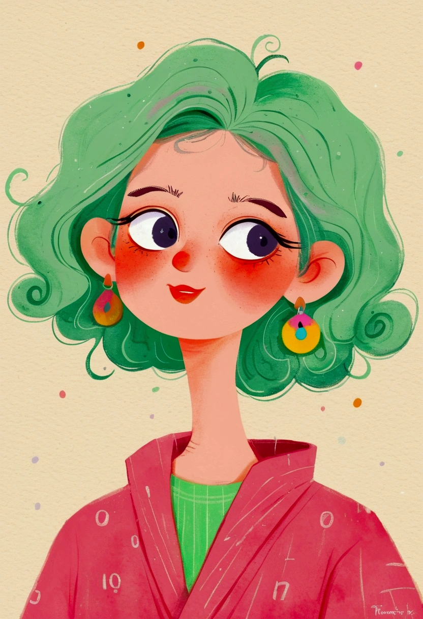 A cartoon,The woman in the painting has green hair and a pink shirt, Digital drawing, No gradient, Beauvot Art Style, The art of math hi, cute cartoon, #The greatest number in history, # The greatest number in history, Digital illustration style, The art of math!!, My character portrait, 2D Illustration