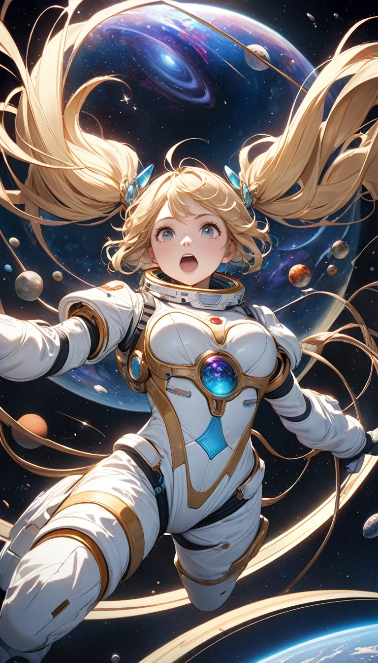 Space War, 8k resolution, masterpiece, Highest quality, Award-winning works, unrealistic, , Very detailed, Digital Painting, artステーション, コンセプトart, Smooth, Sharp focus, shape, artジャム、Greg Rutkowski、Alphonse Mucha、William Adolphe Bouguereau、art:Stephanie Law , Magnificent cosmic background, Royal Jewel, nature, Full Shot, Symmetric, beep, Unreal 5, Surreal, Dynamic Lighting, ファンタジーart, Complex色, カラフルなmagic陣, magic, Small face, Very delicate look, Delicate eye depiction, Upper body close-up,, erotic, dynamic sexy pose, Sexy Woman, Healthy body, 24-year-old female, , big bouncing busts, , Very long wavy blonde hair, Twin tails,, Glaring at the camera, look up, Invincible laughter, Complex, Spacesuit, , Spacewalk, Biting into Saturn's rings