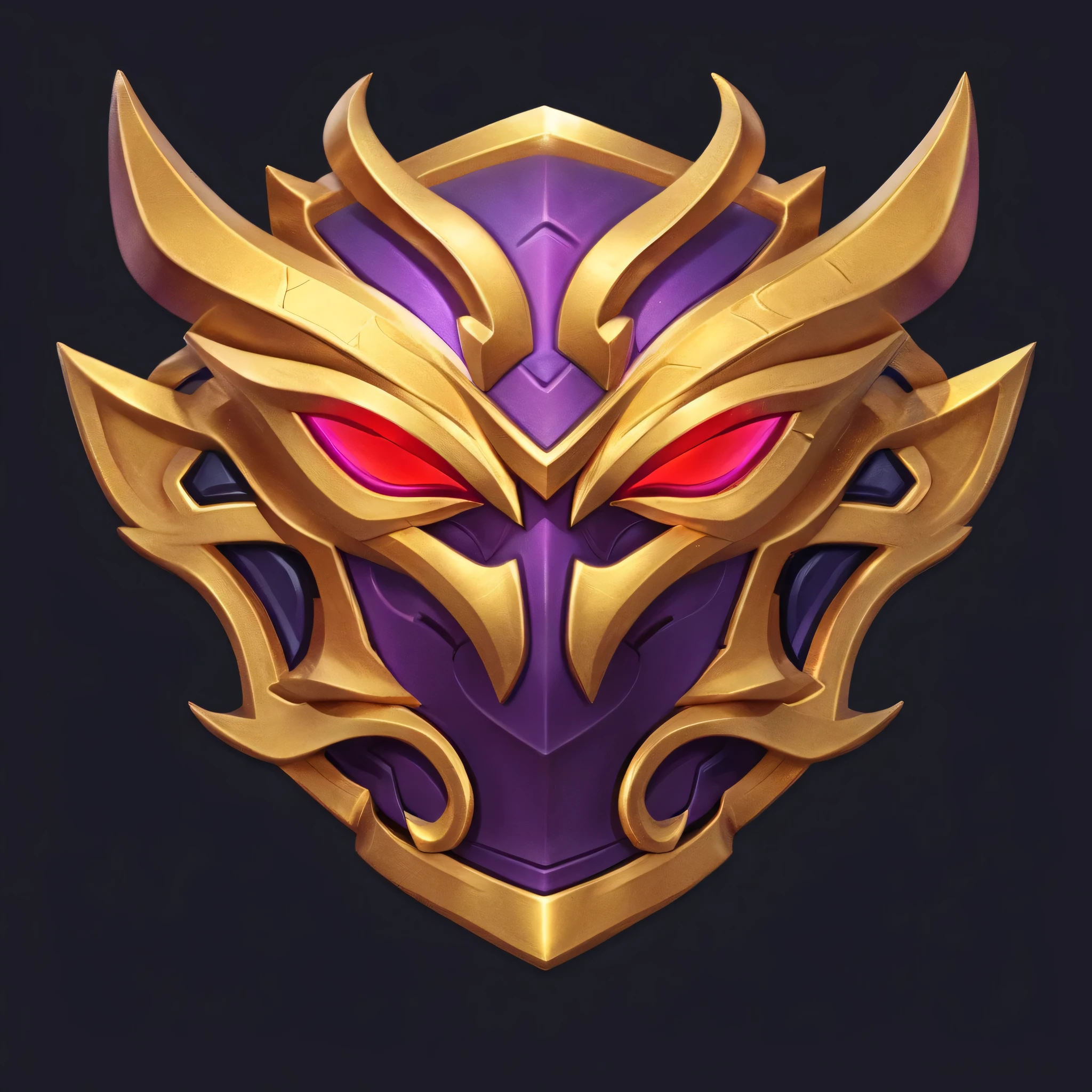 a close up of a purple and gold mask with red eyes, Stylized game icons, League of Legends style, Qatar, LeBron, mask, League of Legends art style, vega mask, 3d icons for mobile games, in mysterious style, Mobile game art, monstrous mask, League of Legends style art, Majestic and ferocious face