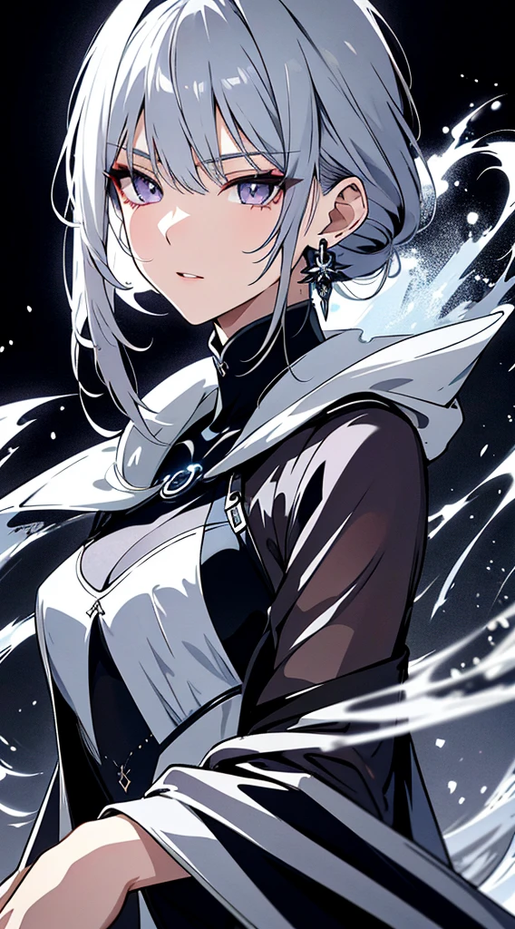 8k,High resolution RAW color art,Anime Art, (((Very detailed and cool))), Detailed skin, Blur、texture,(Exquisitely crafted, The finer details, Ultra-detailed art), (((One boy))), Depth of written boundary, Silky Touch, Hyper Detail, (((Cool face))), eye shadow、Silver Marble Skin, Beautifully detailed purple eyes, Beautiful lip detail, Very delicate face, Delicate depiction of hair and eyes, Detailed Fashion, Silver earrings,Silver Bracelet、Full body depiction, Black high neck、black waist cloak、 A little bit of grey hair、Semi-long hair、(((Hair)))、water surface、silk clotheatte、Soft clothes、cool、Food、Wear warm clothes、Halo