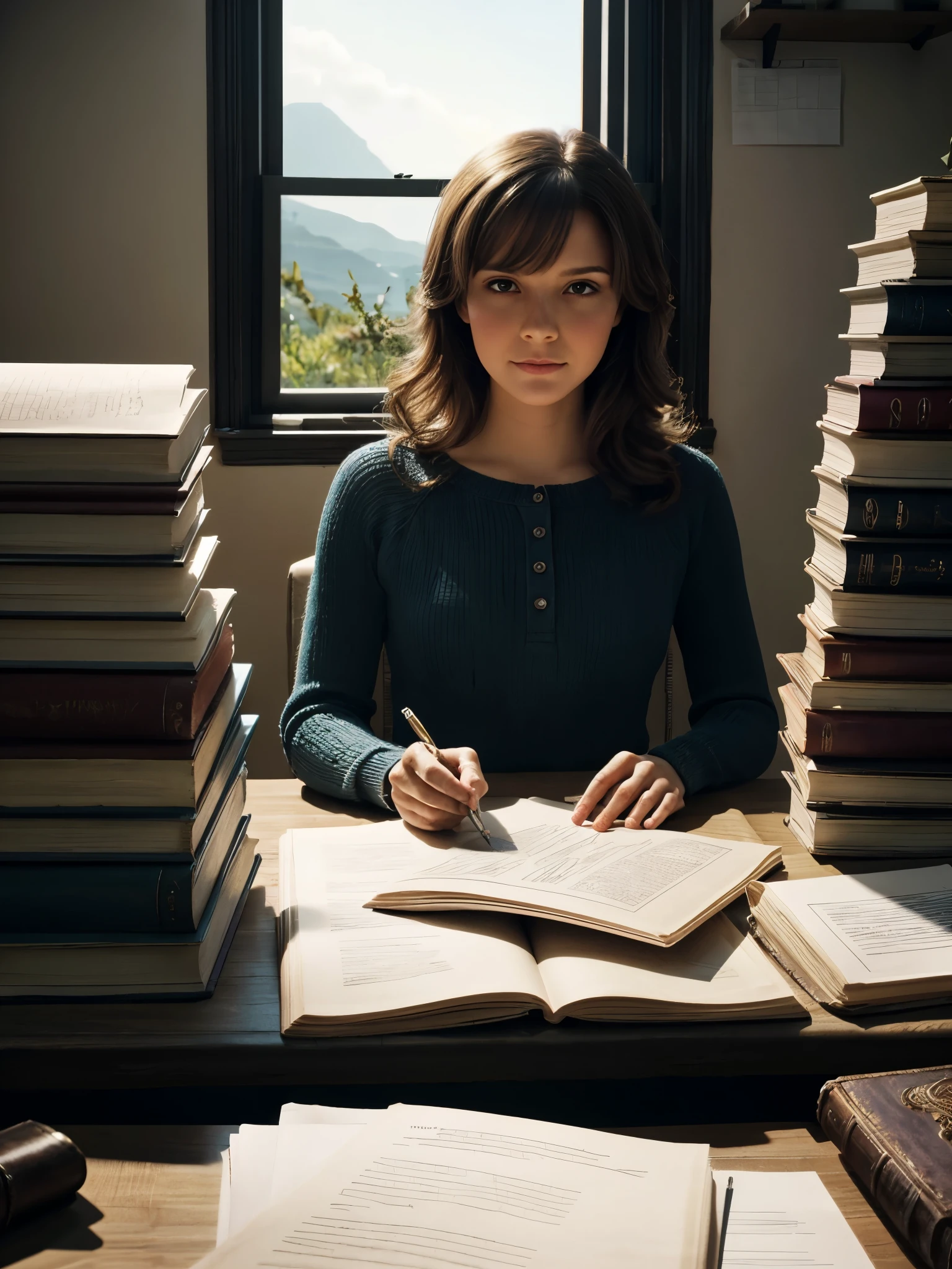 1girl, (majestic:1.4), (uhd:1.3), long hair, curls, bangs, casual outfit, looking at viewer, attractive, tables full of books, mountain of paper stacks, cluttered workspace, organized chaos, study environment, academic setting, piles of documents, scholarly atmosphere, detailed textures, various book sizes, papers scattered, busy scene, research materials, intellectual vibe, writing tools, ink reservoir, pen, super details, colorful, stunning professional digital art, detailed skin, blush, realistic, masterpiece, floating light particles,