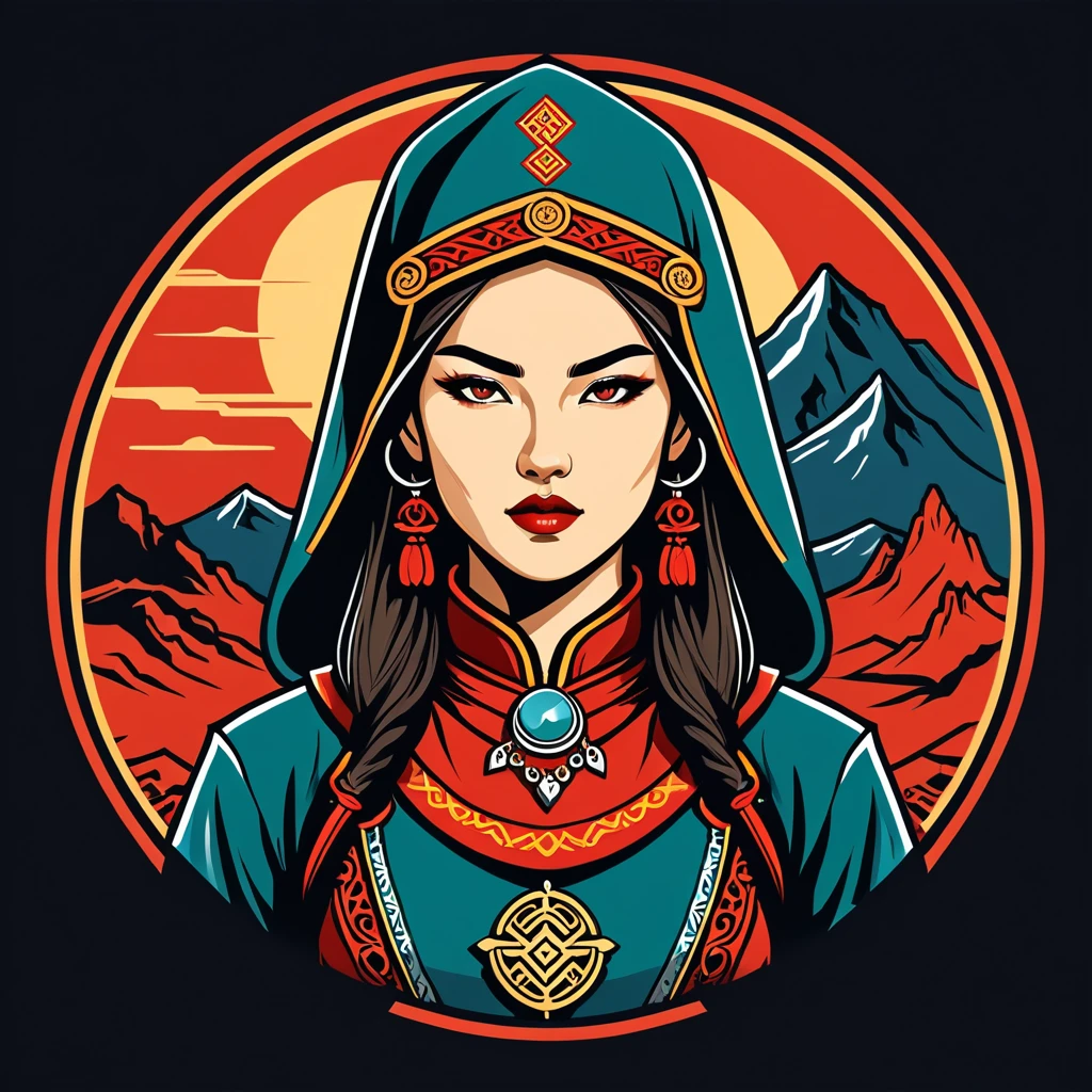 female rogue in mongol folk outfit ,vector graphics, strong contours, logo design