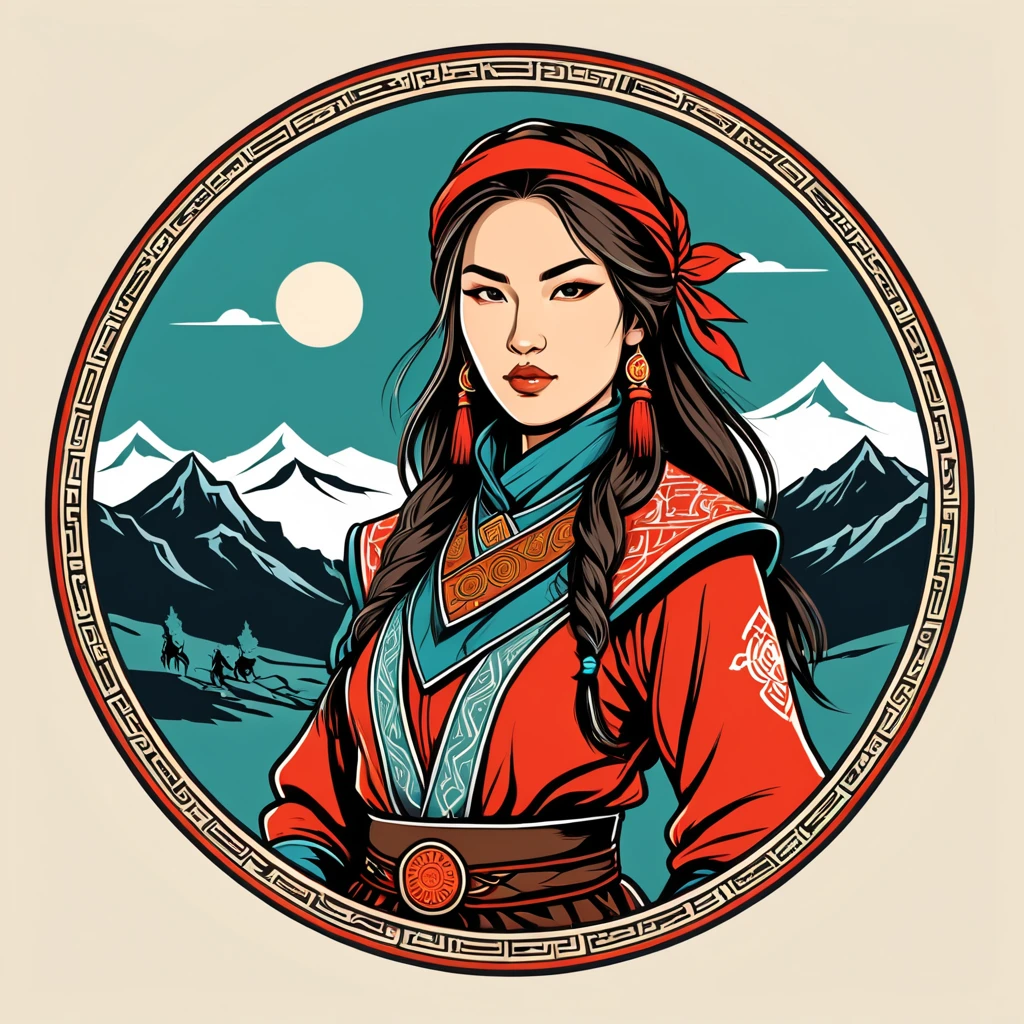 female	rogue	in mongol folk outfit	,vector graphics, strong contours, logo design																						