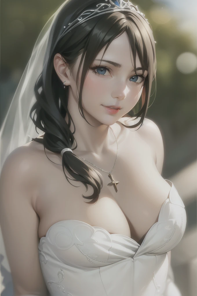 1girl,(RAW photo, best quality), (realistic, photo-realistic:1.4), masterpiece, an extremely delicate and beautiful, extremely detailed, 2k wallpaper, Amazing, finely detail, extremely detailed CG unity 8k wallpaper, ultra-detailed, highres, soft light, beautiful detailed girl, extremely detailed eyes and face, beautiful detailed nose, beautiful detailed eyes,cinematic lighting,perfect anatomy,slender body
wearing a tiara, bridal veil, necklace, cleavage, wedding dress, strapless dress, white dress, white gloves, elbow gloves,(bokeh:1.2)
at a flower park,sakura flowers,flower garden,
smile