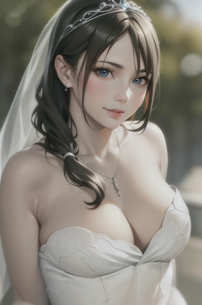 1girl,(RAW photo, best quality), (realistic, photo-realistic:1.4), masterpiece, an extremely delicate and beautiful, extremely detailed, 2k wallpaper, Amazing, finely detail, extremely detailed CG unity 8k wallpaper, ultra-detailed, highres, soft light, beautiful detailed girl, extremely detailed eyes and face, beautiful detailed nose, beautiful detailed eyes,cinematic lighting,perfect anatomy,slender body
wearing a tiara, bridal veil, necklace, cleavage, wedding dress, strapless dress, white dress, white gloves, elbow gloves,(bokeh:1.2)
at a flower park,sakura flowers,flower garden,
smile