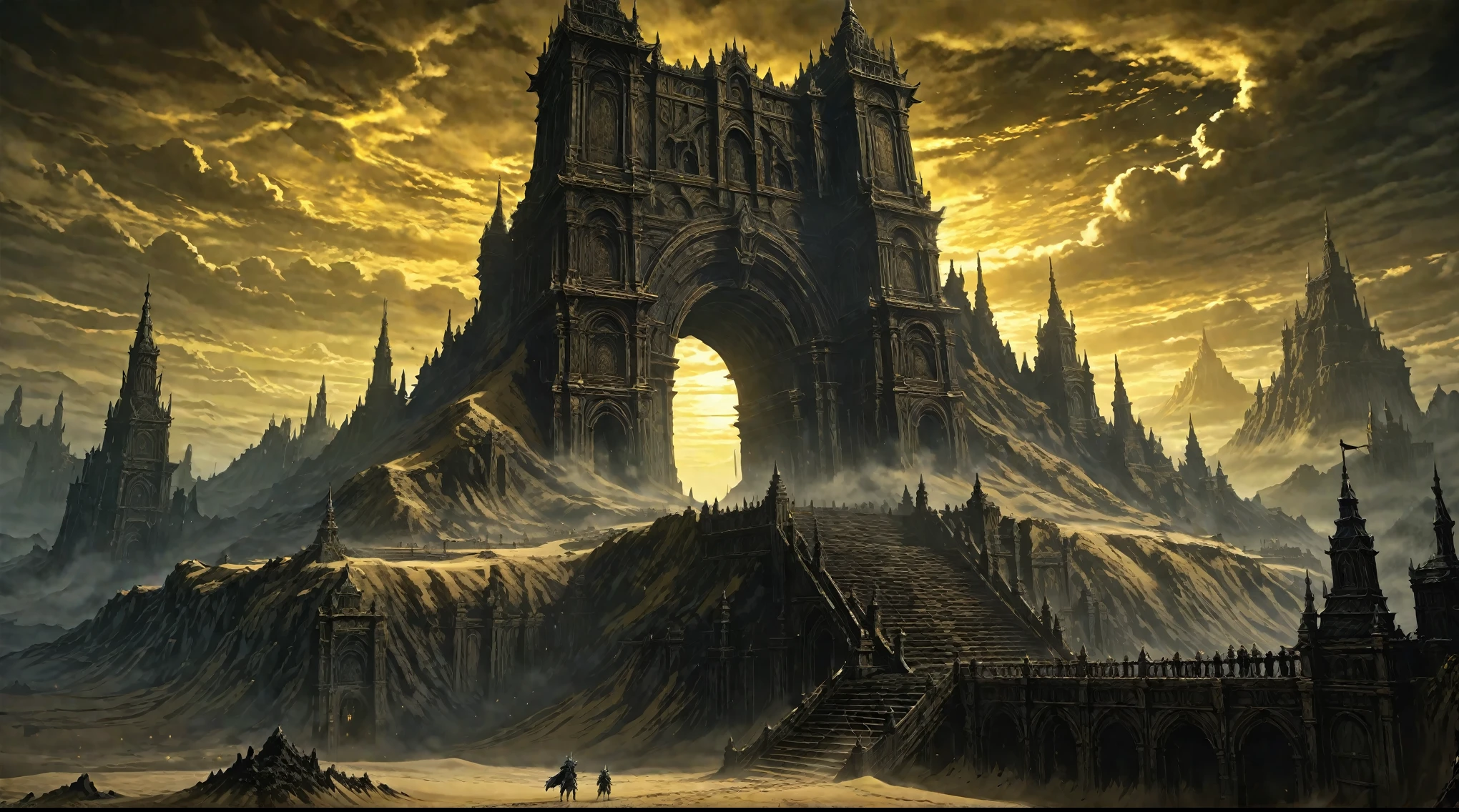 anime aestetics, anime scenery, grand finale, gigantic mountain of sand with passage in the center, godly gates, giganticstucture, portal to the world of gods, black and yellow skies, moment after the final battle, elden ring, elden ring scenery, elden ring style, fromsoftware, dark soul concept, from software game, dark souls art style dark souls art, dark souls style, dark souls screenshot, dark souls, from below, wide shot, perspective, atmospheric perspective, 4K, 8k, highres, best quality, super detail, award winning, masterpiece, UHD