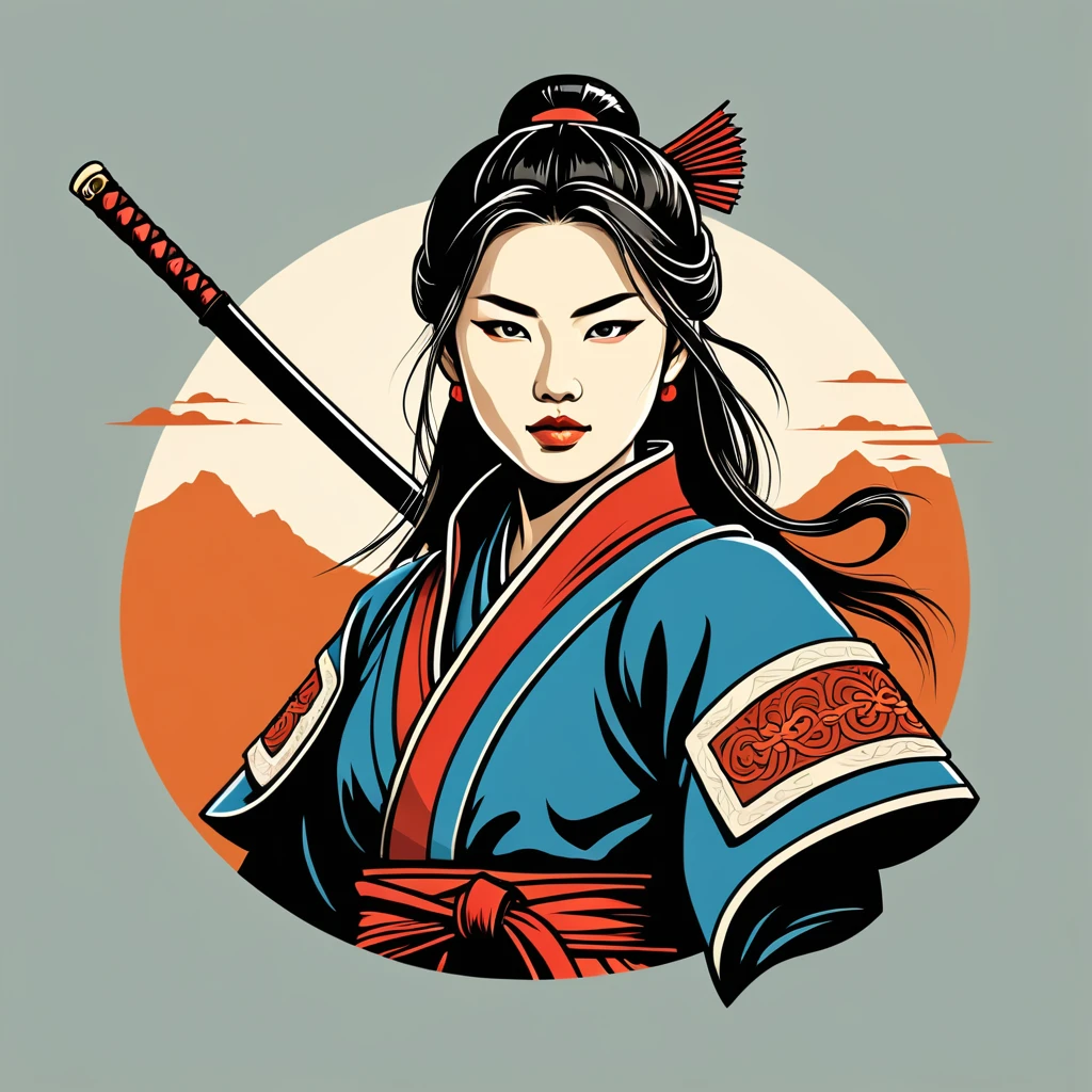female	samurai	in mongol folk outfit	,vector graphics, strong contours, logo design																						