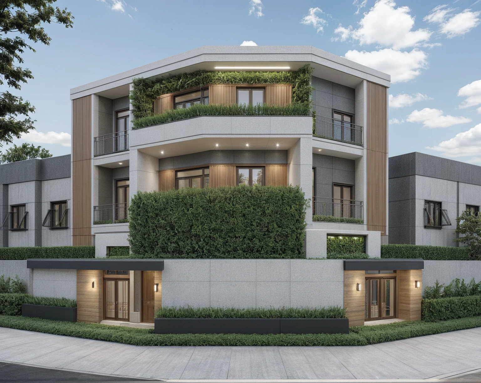 a rendering of a modern building with a balcony and a balcony, exterior design, residential design, concept house, inter dimensional villa, front elevation view, modern lush condo as shopfront, architectural concept, complete house, mid-view, frontview, elevation view, contemporary house, overall architectural design, comprehensive 2 d render, residential, front-view, modern architecture design, realistic material