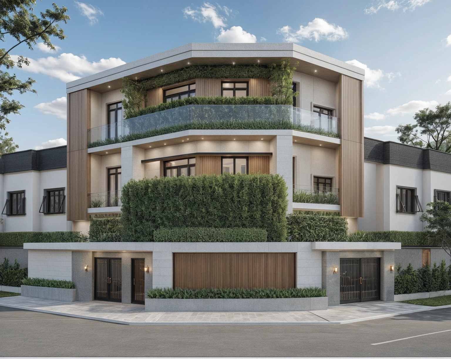 a rendering of a modern building with a balcony and a balcony, exterior design, residential design, concept house, inter dimensional villa, front elevation view, modern lush condo as shopfront, architectural concept, complete house, mid-view, frontview, elevation view, contemporary house, overall architectural design, comprehensive 2 d render, residential, front-view, modern architecture design, realistic material