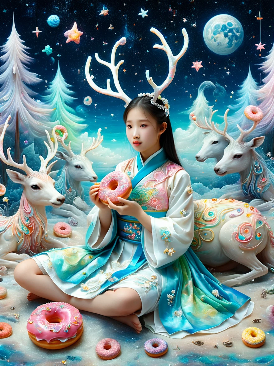 Surreal photos,Nine-Colored Deer Guardian,High-resolution photos,The beautiful nine-colored deer in mythology,A peaceful and dreamy scene,A in Hanfu sits next to a mysterious nine-colored deer,(((Eating donuts))),Donut crumbs fell on the ground,Bitten donut,Detailed donut eating action,The little girlte,Detailed facial details,The background is a magical forest full of spirituality,Create a soft and ethereal atmosphere,The overall composition is beautiful,microorganism,plant,Marine life,Exquisite eyes,Starry Sky,Stitching together an abstract painting,Describing the inner world of autistic people,Sense of space,White Space,interesting,Innocence,Psychedelic Art