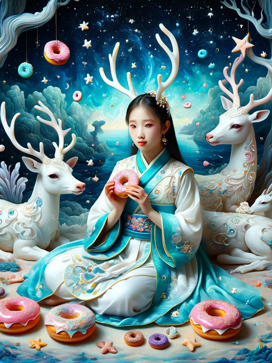 Surreal photos,Nine-Colored Deer Guardian,High-resolution photos,The beautiful nine-colored deer in mythology,A peaceful and dreamy scene,A little girl in Hanfu sits next to a mysterious nine-colored deer,(((Eating donuts))),Donut crumbs fell on the ground,Bitten donut,Detailed donut eating action,The little girl is very cute,Detailed facial details,The background is a magical forest full of spirituality,Create a soft and ethereal atmosphere,The overall composition is beautiful,microorganism,plant,Marine life,Exquisite eyes,Starry Sky,Stitching together an abstract painting,Describing the inner world of autistic people,Sense of space,White Space,interesting,Innocence,Psychedelic Art