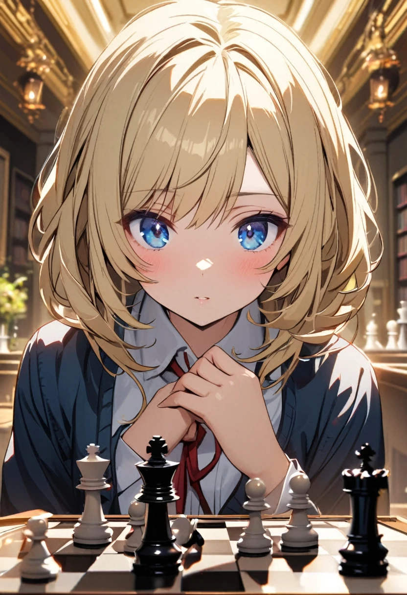 girl, blue eyes, blond hair, beautiful, high detail, beautiful background, playing chess, main face, front face, school girl, 30 year old
