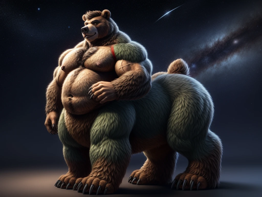 furry, fur taur, huge bear, beartaur, middle-age, solo,1man, detailed face, bear ears, bear eyes(green), bear nose(black), bear mouth, garibaldi beard(grey), hair, mature hair(grey), detailed arm, thick arm, forearm hair, muscular, thick hands(5 fingers), thick claws, detailed body belly, thick body, brown skin, muscle belly(white), thick chest, chest hair(white), nipples, detailed taur body, thick taur body, waist hair, thick bear paws, bear paws hair, thick bear claws, thick bear tail, bear tail, full body shot, standing in the galaxy