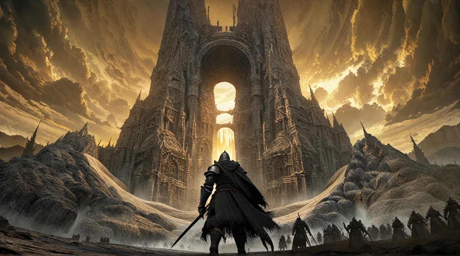  anime aestetics, anime scenery, grand finale, gigantic mountain of sand with passage in the center, godly gates, giganticstucture, portal to the world of gods, black and yellow skies, moment after the final battle, elden ring, elden ring scenery, elden ring style, fromsoftware, dark soul concept, from software game, dark souls art style dark souls art, dark souls style, dark souls screenshot, dark souls, from below, wide shot, perspective, atmospheric perspective, 4K, 8k, highres, best quality, super detail, award winning, masterpiece, UHD