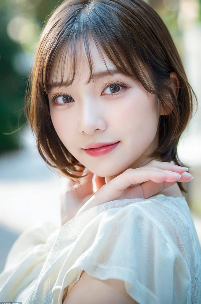 high-level image quality, 1 female, smiling, short hair, ((Detailed face:1.2)), pale skin, (cold color), moist, reflector stay piece, (perfectly proportions), (photos realistic), (Best Quality), photographed in a Canon EOS R5, 50mm Lens, (8K), long upper eyelashes, Detailed lashes, Curled eyelashes, Natural eyes, very beautiful eyelashes