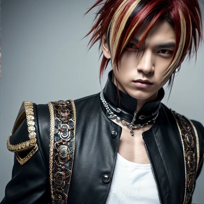 1 man, male, Japanese man, Visual Kai hairstyle, ultra detailed face and body, hyperrealistic, realistic representation, muscular, broad shoulders, tattoos gothic style, piercings, Visual Kei style, hairstyle Visual Kei, blond, long hair, 30 years old, age 30, outfit gothic streampunk, men's shirt and black pants, Asian eyes, eyes Asian, Visual Kei hairstyle 