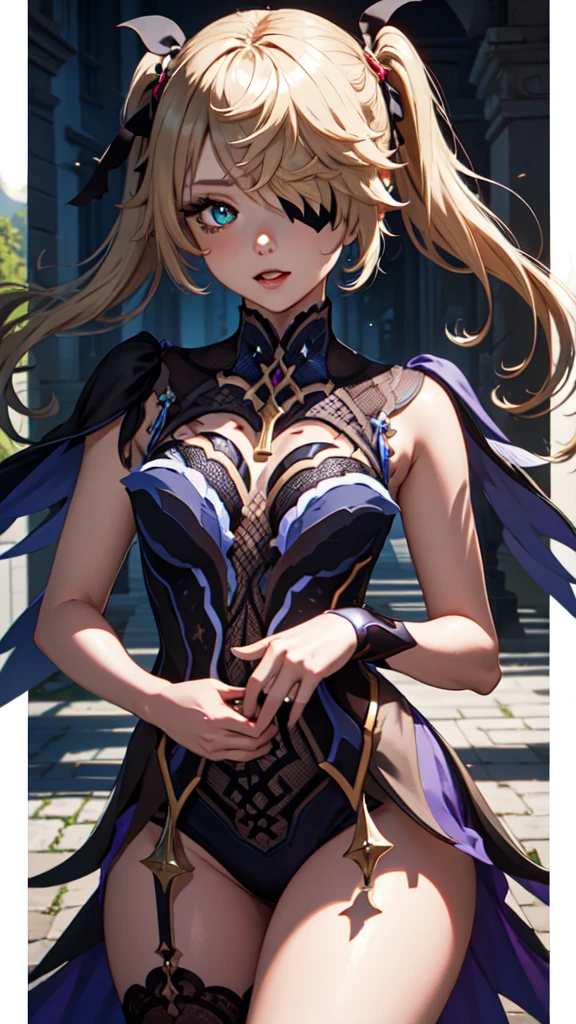 Young blonde girl, black eye patch, twin large ponytails, 
BREAK (masterpiece:1.2), best quality, high resolution, unity 8k wallpaper, (illustration:0.8), (beautiful detailed eyes:1.6), extremely detailed face, perfect lighting, extremely detailed CG, (perfect hands, perfect ???????), joyful, laughing, Happy, corset with deep lace neckline, portrait (3:4), posing. In darkness next to a scary castle.