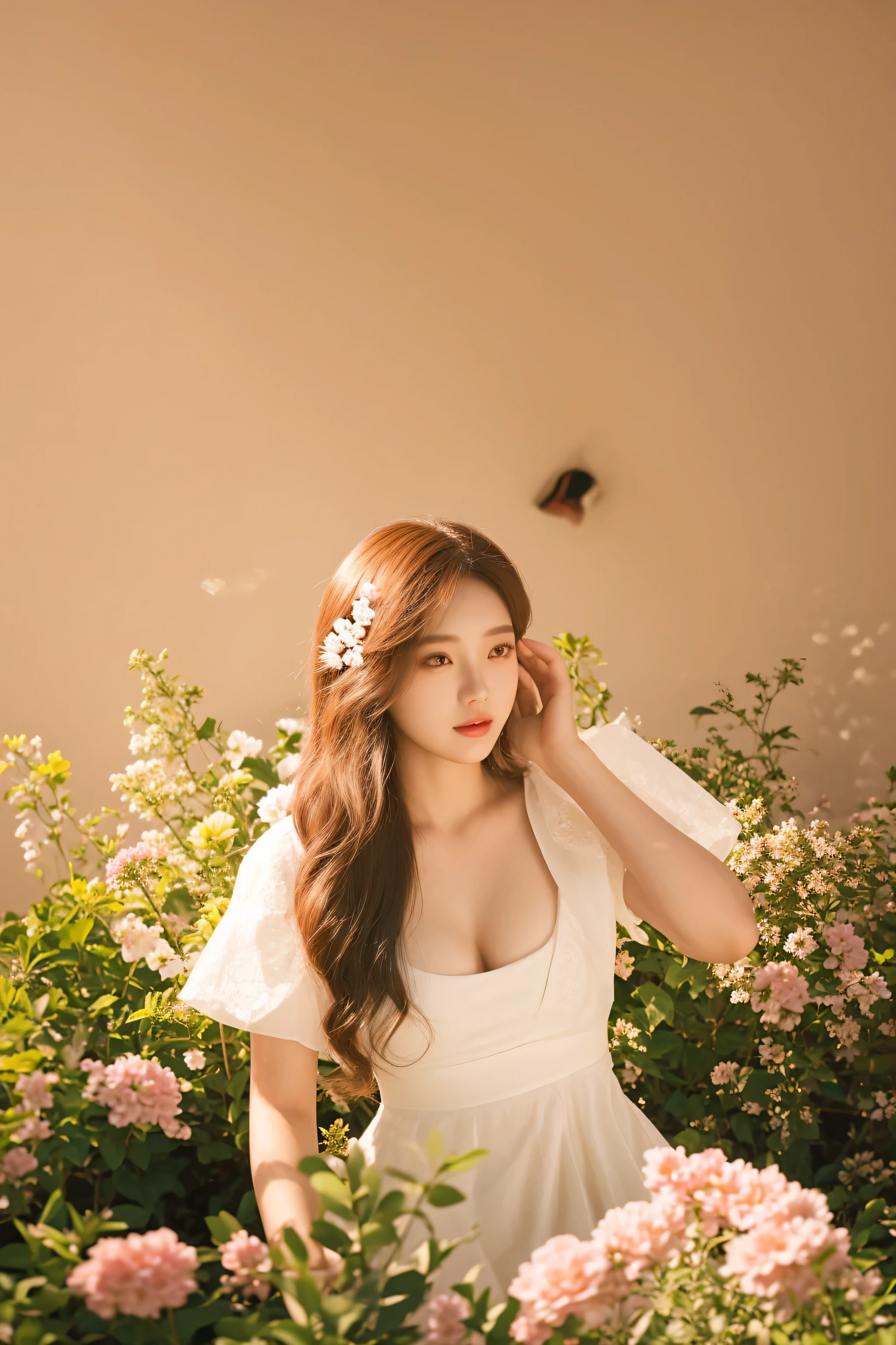 araffe woman in a white dress posing in a garden, jaeyeon nam, beautiful young korean woman, heonhwa choe, with flowers, hot with shining sun, tzuyu from twice, gorgeous young korean woman, portrait of female korean idol, jinyoung shin, solo photoshoot, beautiful south korean woman, korean artist, hwang se - on, sun yunjoo