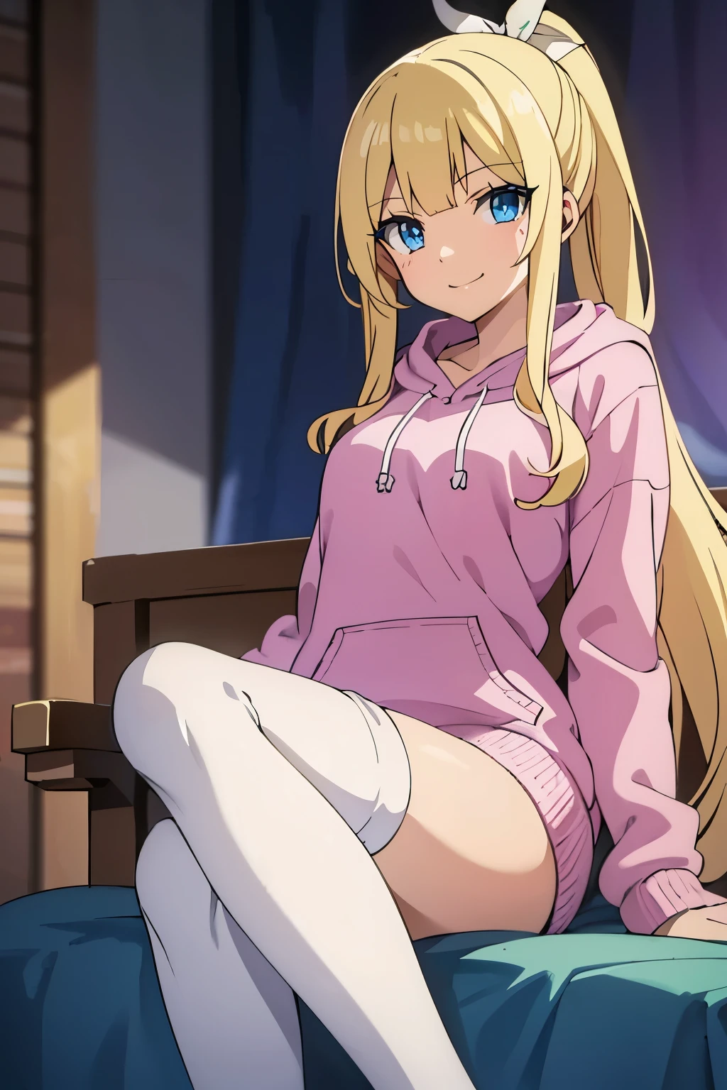 Safe for work, masterpiece, best quality, solo, 1 girl, (young female body:1.4), (medium small breasts), golden yellow hair, extra long hair, blunt bangs, crystal blue eyes, very detailed eyes, smiling, cute girl, cowboy shot, detailed eyes, bedroom, sitting on bed, pink hoodie, cropped hoodie, light pink sweater, white shorts, white pyjama shorts, crossed legs, one leg up, white knee high socks, cozy, white hair ribbons, ponytail
