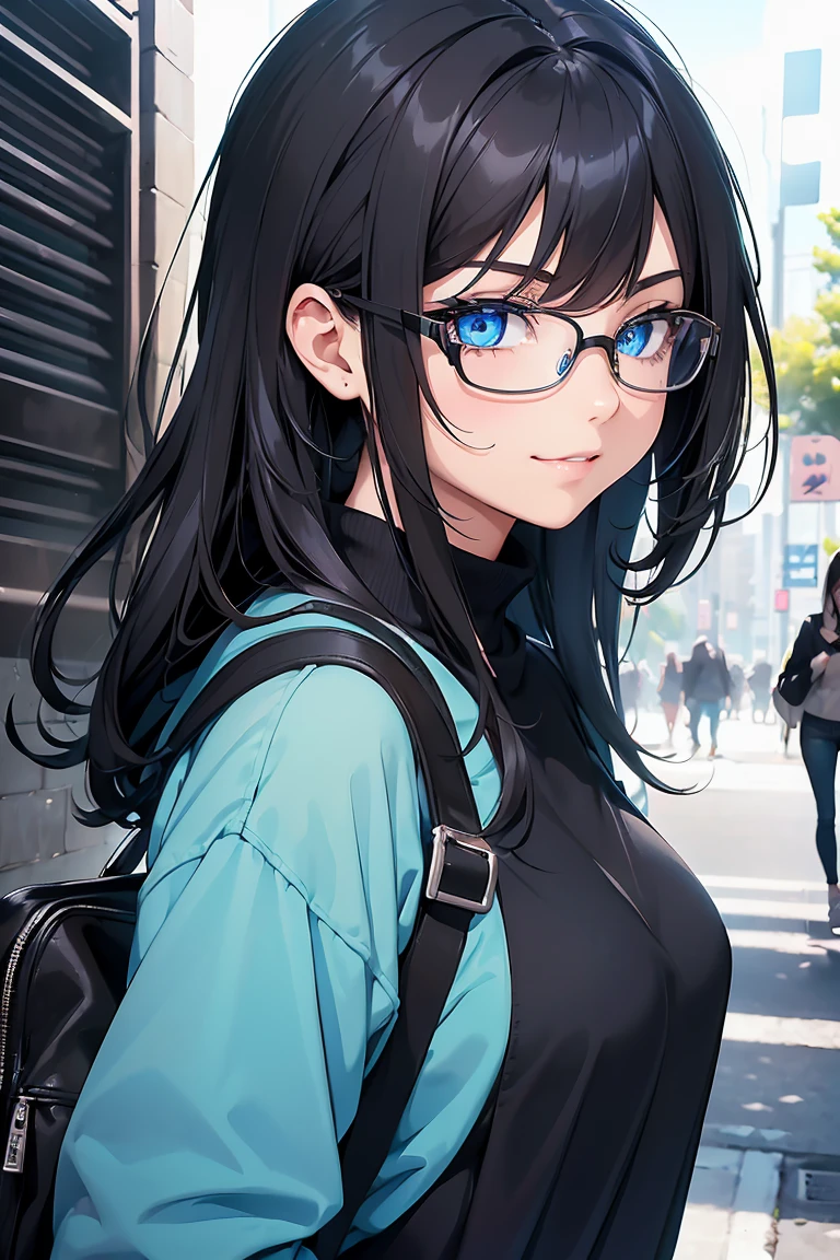 ((1 girl)), Glasses, Latest Trends in Clothing, Bright smile, Street fashion,Black pants,(commute) ,((Very detailed,Highest quality, High resolution, 8k wallpaper, Beautiful clothes,)),(Black Hair, Shortcuts,boyish,Bouncy hair, ((Asymmetrical bangs)) ,(Bright Blue Eyes),eye shadow, eyeliner,Glow Eye, Very detailed目, Complex eyes, Beautiful Eyes, 輝くBright Blue Eyes、17-year-old girl