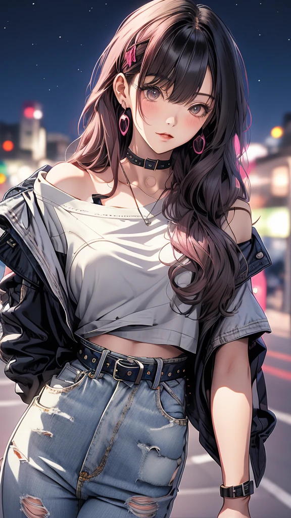 masterpiece, Highest quality, Pixiv, 30 years old、coolな美人, Dark pink long hair, Curly Hair, Blunt bangs, Straight bangs, Grey Eyes, White skin,Off-the-shoulder plain white t-shirt、 cool、Improve、Facial super-do-up、The background is a midnight starry sky