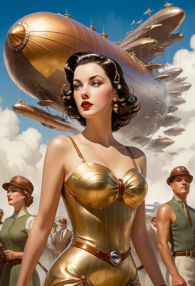 A woman in a futuristic dress stands in front of a group of people, large dieselpunk flying airships, Dribbling, Inspired by Gil Elvgren, Fantasy Paladin Woman, Inspired by Mark Brooks, [ bubble, Portrait of Helen of Troy, ski facility : :, Gold Armor